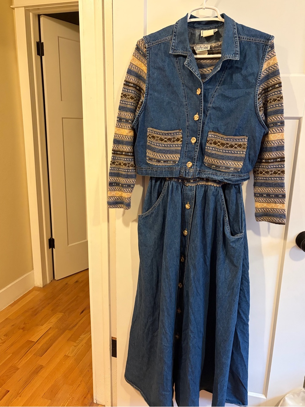 Denim Button-Front Maxi Dress with argyle Patterned Sleeves 1990s cottagecore